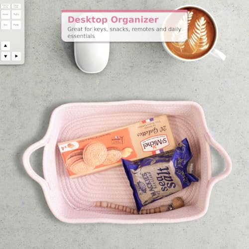 XUANGUO Medium Woven Cotton Rope Storage Basket with Handles, Light Pink - color: Light pink