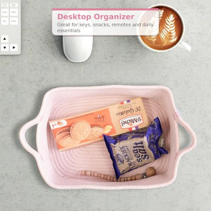 XUANGUO Medium Woven Cotton Rope Storage Basket with Handles, Light Pink - color: Light pink
