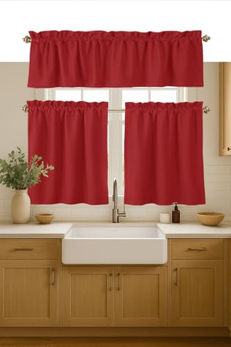 Native Fab 3 Pieces Window Curtain Tiers 26"x36" and Valance 54"x18" Set - Rod Pocket - Semi Sheer - Short Curtain for Kitchen, Bathroom, Living Room - Red - color: Red