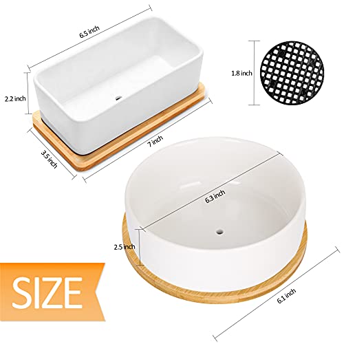 White Ceramic Succulent Plant Pots, 1 Rectangular Flower Pot + 1 Round Planter, Set of 2 Small Cactus Container, Bonsai Pots, Succulent Pots with Drainage Hole& Bamboo Tray (No Plant) - color: Rectangular+round