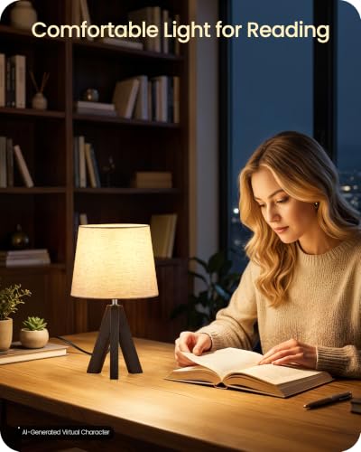 Small Table Lamp for Bedroom, 14.6" Bedside Lamp with Beige Linen Shade & Walnut Wood Tripod Base, Modern Nightstand Lamp for Living Room, Nursery, Entryway, E26 Socket, VE51TL05 - color: Beige+Dark Walnut