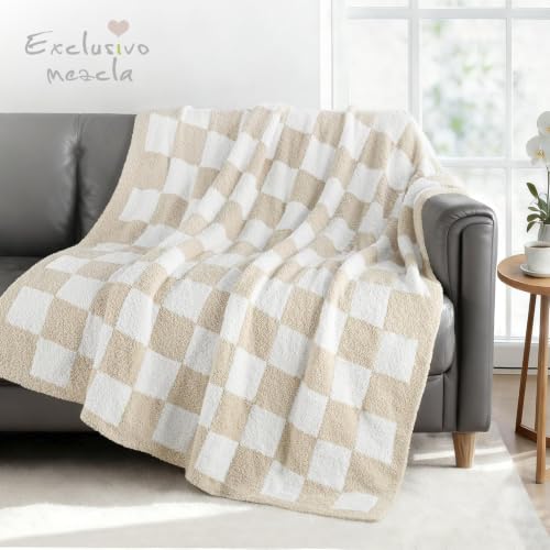 Exclusivo Mezcla Checkered Knit Throw Blanket for Couch, Khaki - color: Khaki, size: Throw (50"x60")