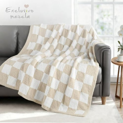 Exclusivo Mezcla Checkered Knit Throw Blanket for Couch, Khaki - color: Khaki, size: Throw (50"x60")