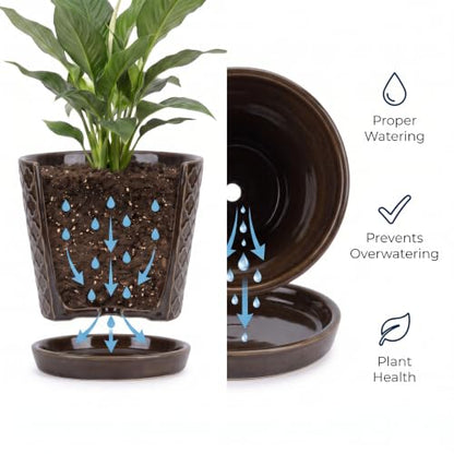 EFISPSS Ceramic Plant Pots, 5 Inch Planters with Drainage Holes and Ceramic Tray, Relief Design Flower Planter, Desktop Office Windowsill Decoration Gift Set of 4 - Black - color: Black