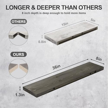 Axeman Floating Shelves for Wall - 36 Inch Grey Wood Shelves for Wall Set of 2-36W x 8D Farmhouse Floating Wood Shelves for Living Room Bedroom Laundry Room Garage Farmhouse - color: Grey Wash