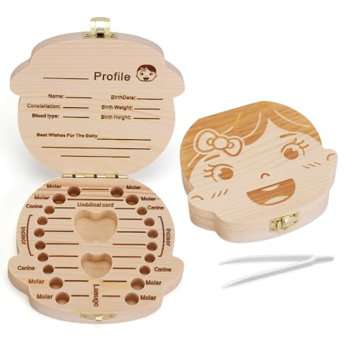 NASHRIO Baby Tooth Box Wooden Kids Keepsake Organizer Gift for Baby Teeth, Cute Children Tooth Container with Tweezers to Keep the Childwood Memory (Gril) - color: Girl