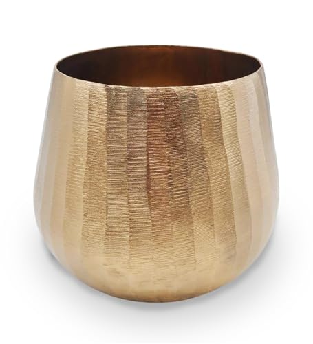 Brass Hammered Planter for Plants and Succulents - Modern, Vintage, Mid-Century Modern - Gold Colored Decorative Round Metal Flower Pot Holder for Living Room, Kitchen, Office