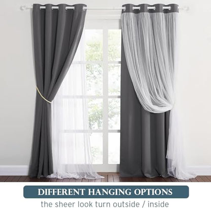 Dark Grey Blackout Curtains with White Sheer Overlay for Girls Bedroom/Drom - color: Grey, size: 52"W x 63"L (Pack of 2)