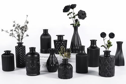 TBWIND 12 Pcs Black Glass Bud Vase Set, Small Vases for Flowers - color: Black-12pcs, size: 12Pcs