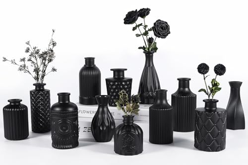 TBWIND 12 Pcs Black Glass Bud Vase Set, Small Vases for Flowers - color: Black-12pcs, size: 12Pcs