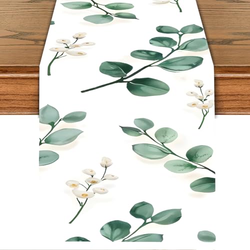 Eucalyptus Table Runner with White Berries – 13x72 Inch Greenery-Inspired Linen-Look Fabric, Rustic Farmhouse Table Decor for Dining Room, Kitchen, Wedding, Spring & Everyday Use - color: 14