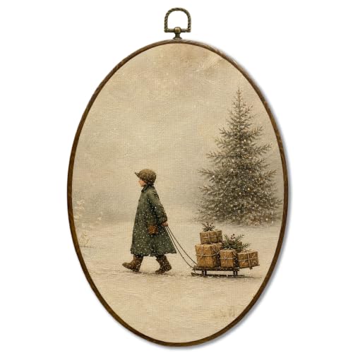JQF Vintage Christmas Tree Boys Room Oval Wall Decor Framed 8.5x11.5 Inch - color: christmas-1