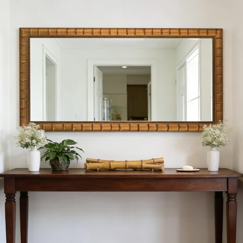 Large Vintage Decorative Mirror for Wall, 53'' x 29'' Antiuqe Warm Gold Living Room Mirrors with Bamboo-Joint Frame, Classic Vintage Gold Wooden Mirror, Horizontal/Vertical - color: Gold, size: 53"L x 29"W