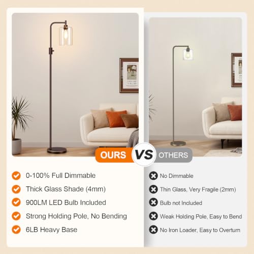 【Upgraded】 Dimmable Floor Lamp for Living Room with Glass Lampshade, Brown with GoldEdge Modern Floor Lamp with 900LM LED Bulb Included, Standing Tall Lamp for Bedroom, Office, Reading Room, Corner - color: Clear Glass-Brown with GoldEdge