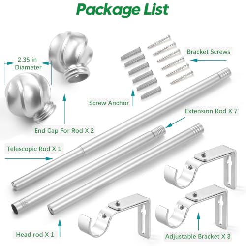 LLPJS Curtain Rods 16-136", 1 in Adjustable Silver Rod with Finials, 1 Pack - color: Satin Silver, size: 16" to 136" - 1 pack