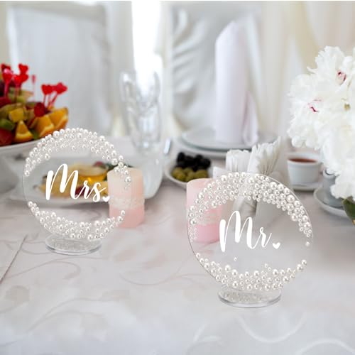 Jingmore 2 Pcs Mr and Mrs Table Sign 6 Inch Pearl Acrylic Decor for Wedding