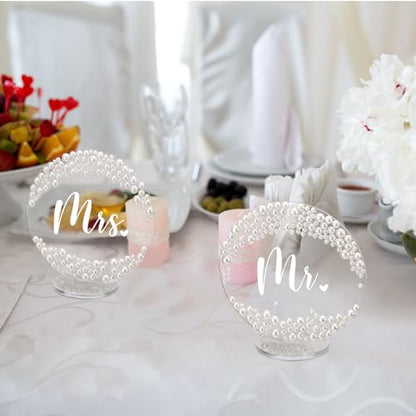 Jingmore 2 Pcs Mr and Mrs Table Sign 6 Inch Pearl Acrylic Decor for Wedding