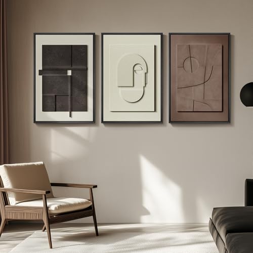 3D Large Framed Brown Abstract Wall Art for Living Room, 3Piece 24x36 In - color: Black White Brown, size: 24"w X 36"h X 3pcs