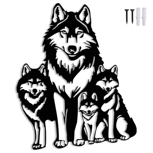 Maoerzai Geometric Wolf Family Metal Wall Art Decor, Perfect for Living Room, Office, Bedroom Entrance (Black - 12 x 14 Inch)