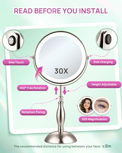 30X Magnifying Mirror with Lights, 8" Height Adjustable Makeup Mirror