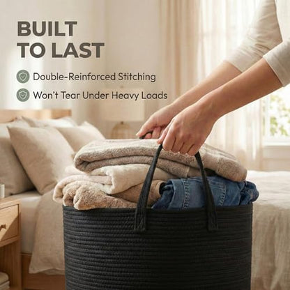 JMvicyroam 65L Extra Large Machine Washable Cotton Rope Blanket Basket - color: Black, size: 65L