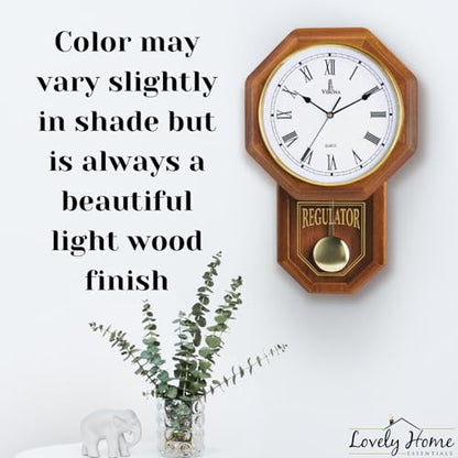 Pendulum Wall Clock Battery Operated, Real Wood Regulator Clock, Quiet - color: Light Wood