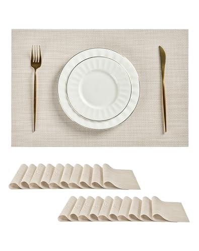 Beige White Placemats Set of 20 - Heat Resistant Non-Slip Place mats for Dining Table, Washable Durable PVC Vinyl Woven Table Mats(Beige White, 20) - color: C1- Beige White, size: Set of 20