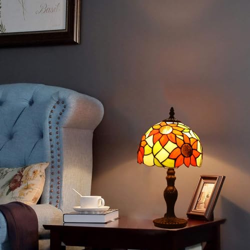 Tiffany Small Table Lamp Sunflower 3-Way Color Temperatures Stained Glass Table Lamps for Living Room Bedroom Bedside Nightstand Night Light Home Office Desk Lamp W/LED Bulb 8X8X15Inch - color: Sunflower