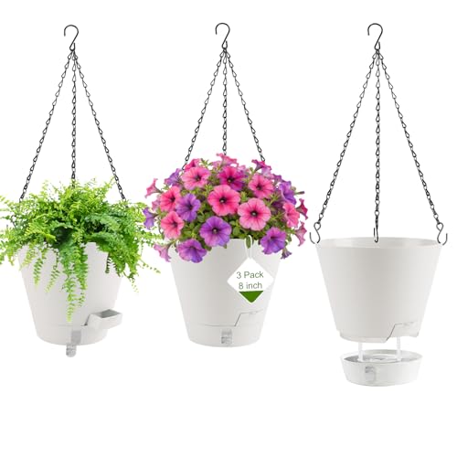 8 Inch Hanging Planters Indoor Outdoor, 3 Pack Plastic Self Watering Plant Pots with Drainage Holes & Saucers, Hanging Baskets Flower Pots with Chain for Ivy, Spider Plant, Pothos, Ferns - color: White