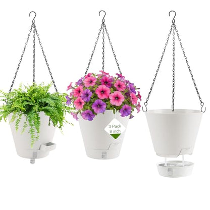 8 Inch Hanging Planters Indoor Outdoor, 3 Pack Plastic Self Watering Plant Pots with Drainage Holes & Saucers, Hanging Baskets Flower Pots with Chain for Ivy, Spider Plant, Pothos, Ferns - color: White