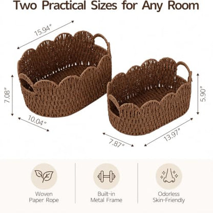 Endymion Set of 2 Paper Rope Scalloped Basket, Wicker Storage Baskets - color: Coffee