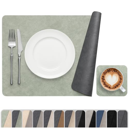 Vinyl Placemats Set of 4, Dual Sided Place Mats with Drink Coasters - color: Sage Green/Dark Gray Two-tone, size: Set of 4