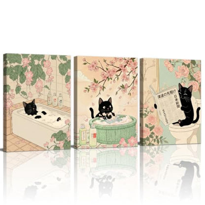 WENGTIAO 3Pcs Japanese Funny Black Cat Bathroom Wall Art Prints 16"x24" - color: Black Cat Bathroom, size: 16"x24"x3Pcs