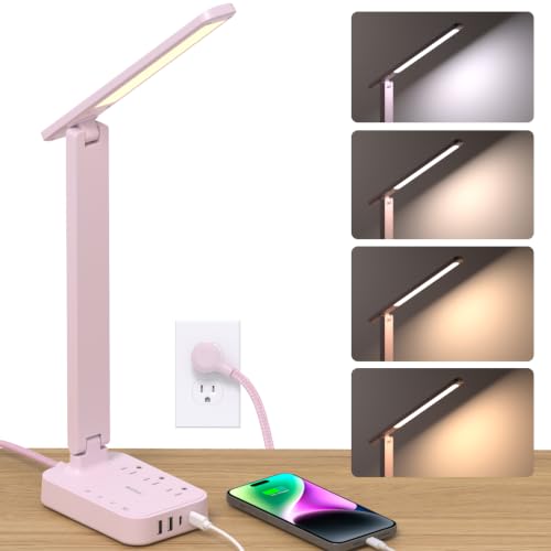 Addtam LED Desk Lamp, Power Strip with 3 Outlets 4 USB Charging Ports(2 USBC), 4 Modes 5 Level Brightness Touch Lamp, Small Desk Lamp for Home Office College Dorm Room Essentials, Pink - color: Pink, size: 5 FT