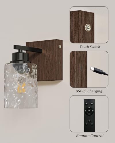 Hammered Glass Battery Operated Wall Sconces Set of Two Black & Walnut | Dimmable Rechargeable Wall Lights with Remote Timer, Easy Install Lamp for Living Room Bedroom, Emergency 3000K - color: Black Walnut(Clear Hammered Lampshades)