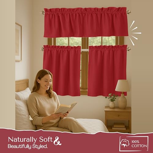 Native Fab 3 Pieces Window Curtain Tiers 26"x36" and Valance 54"x18" Set - Rod Pocket - Semi Sheer - Short Curtain for Kitchen, Bathroom, Living Room - Red - color: Red