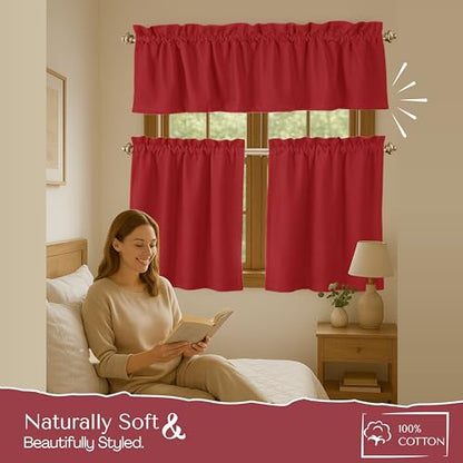 Native Fab 3 Pieces Window Curtain Tiers 26"x36" and Valance 54"x18" Set - Rod Pocket - Semi Sheer - Short Curtain for Kitchen, Bathroom, Living Room - Red - color: Red