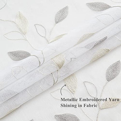 Bujasso Embroidered Leaf Sheer Curtains, Gray Beige 38" Wx63 Lx2 - color: Yellow Grey, size: 38"W x 63"L (Pack of 2)