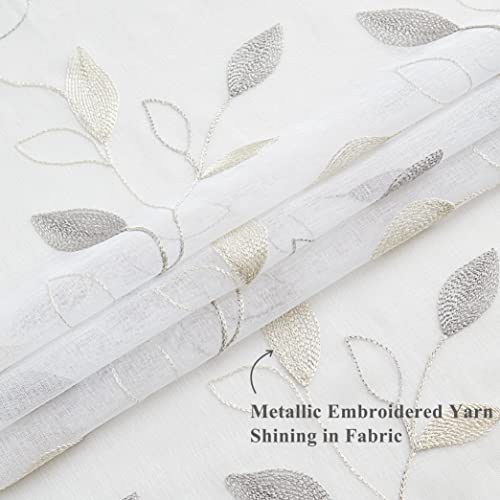 Bujasso Embroidered Leaf Sheer Curtains, Gray Beige 38" Wx84 Lx2 - color: Yellow Grey, size: 38"W x 84"L (Pack of 2)
