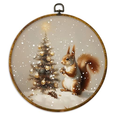 XPH Vintage Christmas Squirrel Round Wall Art Framed, Whimsical Christmas Tree Circle Wall Decor, Cozy Winter Squirrel Hanging Canvas Prints for Home Bedroom Living Room Decoration, 10x10 Inch - color: Christmas 03