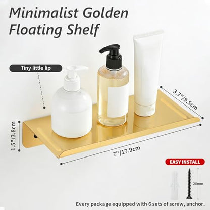 SMILECAT 7inch Small Floating Book Shelves for Wall Storage Set of 2.Wall Mounted Command Shelf for Bathroom,Bedroom,Living Room, Mini Tiny Display Hanging Shelves for Storage/Perfume/Room Decor.Gold