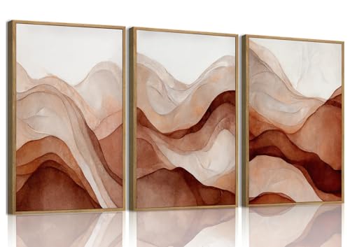 myusuar 3 Piece Large Abstract Framed Wall Art For Living Room, Smoke Texture Ink Warm Brown Terracotta Canvas Wall Art Modern Minimalist Art Prints Wall Décor For Bedroom Office 12x16in - color: Warm Brown Terracotta, size: 12x16in