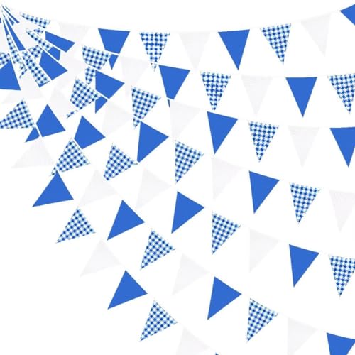 32Ft Deep Blue Party Decorations Blue Buffalo Plaid Checkered White Triangle Flag Gingham Pennant Bunting Fabric Garland for Picnic Racing Car BBQ Birthday Wedding Outdoor Garden Oktoberfest Decor - color: Deep Blue Checkered