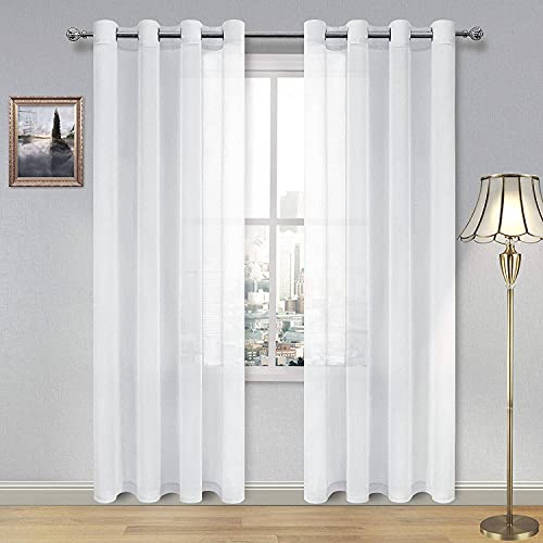 DWCN White Sheer Curtains Linen Look Semi Transparent Voile Grommet White Curtains for Living Dining Room Drapes 52 x 84 Inch Long, Set of 2 Panels - color: White, size: 52"W x 84"L (Pack of 2)