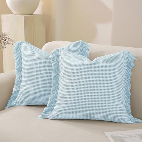 Boho Throw Pillow Covers Set of 2 Handmade Soft Striped Fringe Pillow Cover Farmhouse Cushion Covers with Elegant Tassel Decorative Pillowcase for Sofa Bed (Pale Blue, 18" x 18" (Pack of 2)) - color: Pale Blue, size: 18" x 18" (Pack of 2)