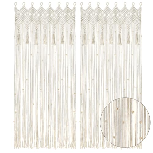 BECHAEO Boho Macrame Beaded Curtain with Tassels, White 2 Panels 35" x 79" - color: Natural White, size: 35"W x 79"L (Pack of 2)