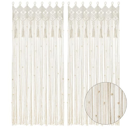 BECHAEO Boho Macrame Beaded Curtain with Tassels, White 2 Panels 35" x 79" - color: Natural White, size: 35"W x 79"L (Pack of 2)