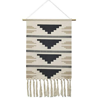 Macrame Woven Wall Tapestry Hanging Art, 20"x34" Extra Large Boho Chic Bohemian Morocco Black White Pyramid Geometric Tapestries Decor for Apartment Dorm Kids Living Bedroom Door Entrance Decoration