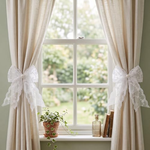 White Lace Bow Curtain Tiebacks 6-Pack, Vine Floral Curtain Holdbacks - color: White Vine Floral