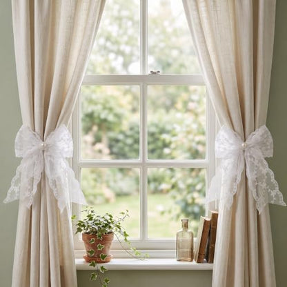 White Lace Bow Curtain Tiebacks 6-Pack, Vine Floral Curtain Holdbacks - color: White Vine Floral